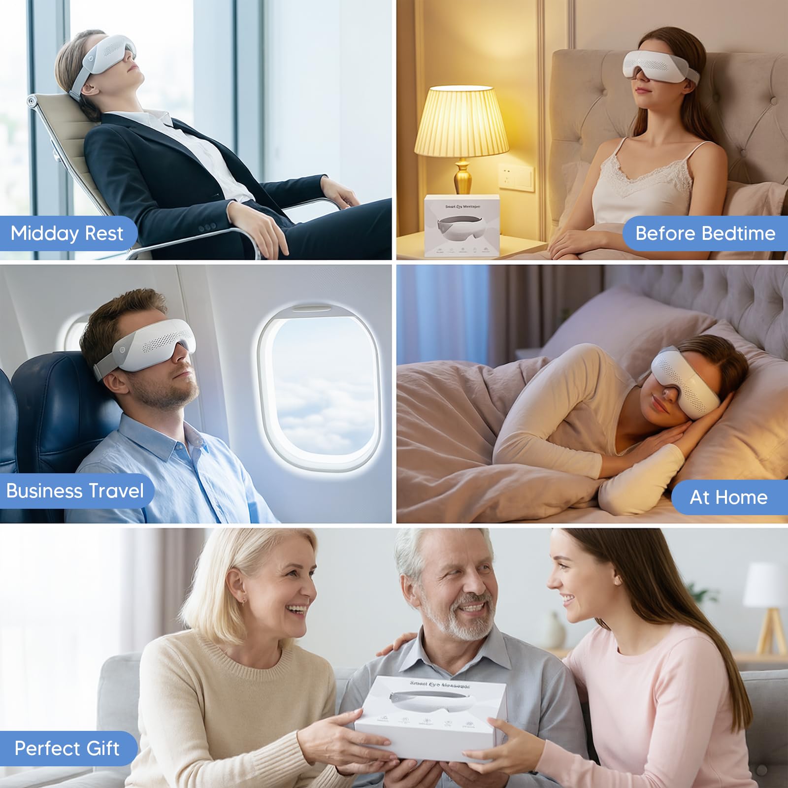 Masajeador de ojos con función de calor, recargable, 4 modos de masaje para aliviar el dolor ocular y mejorar los ojos secos