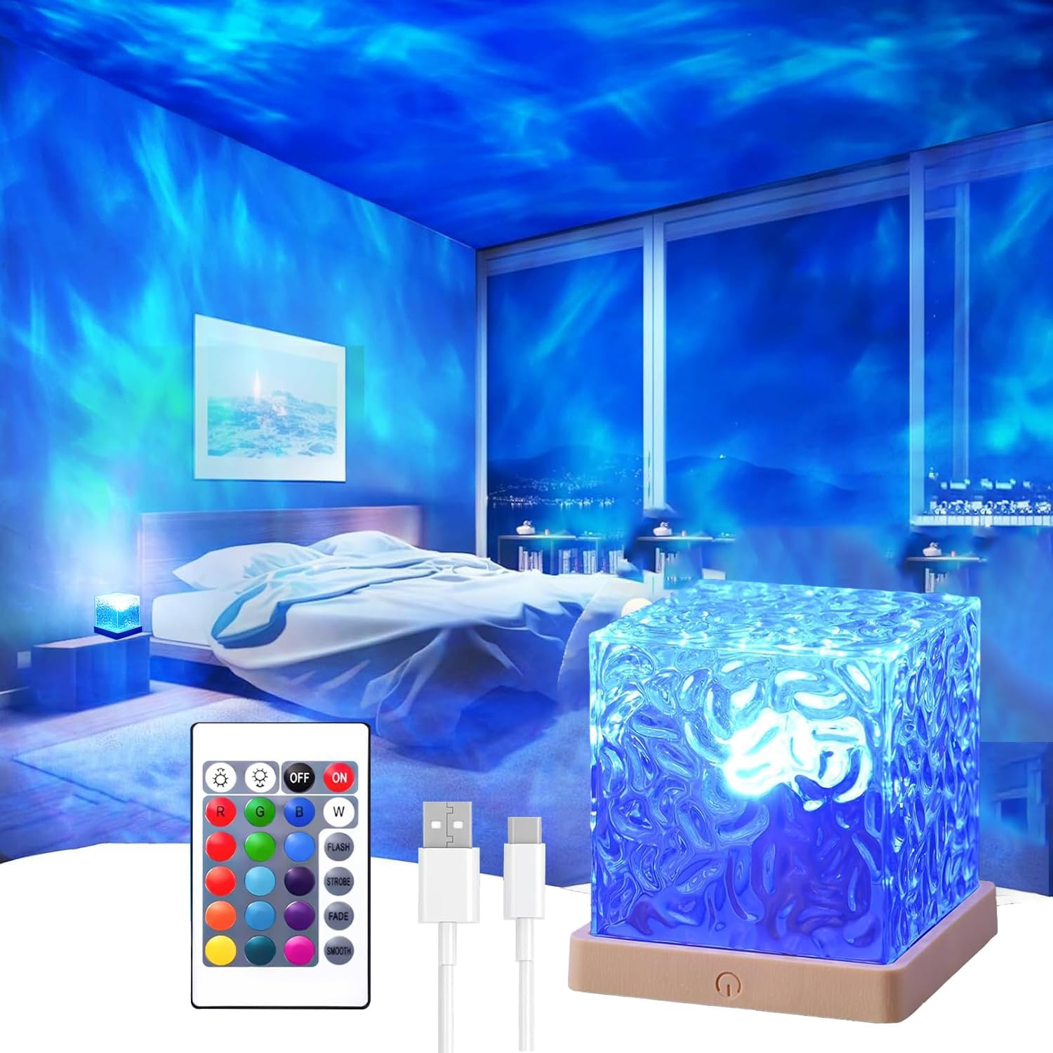 Ocean Wave Projector Light, 16 Colors Rechargeable Luminorthe Cube Lamp with Touch and Remote Control, Bringing Romance and Tranquility