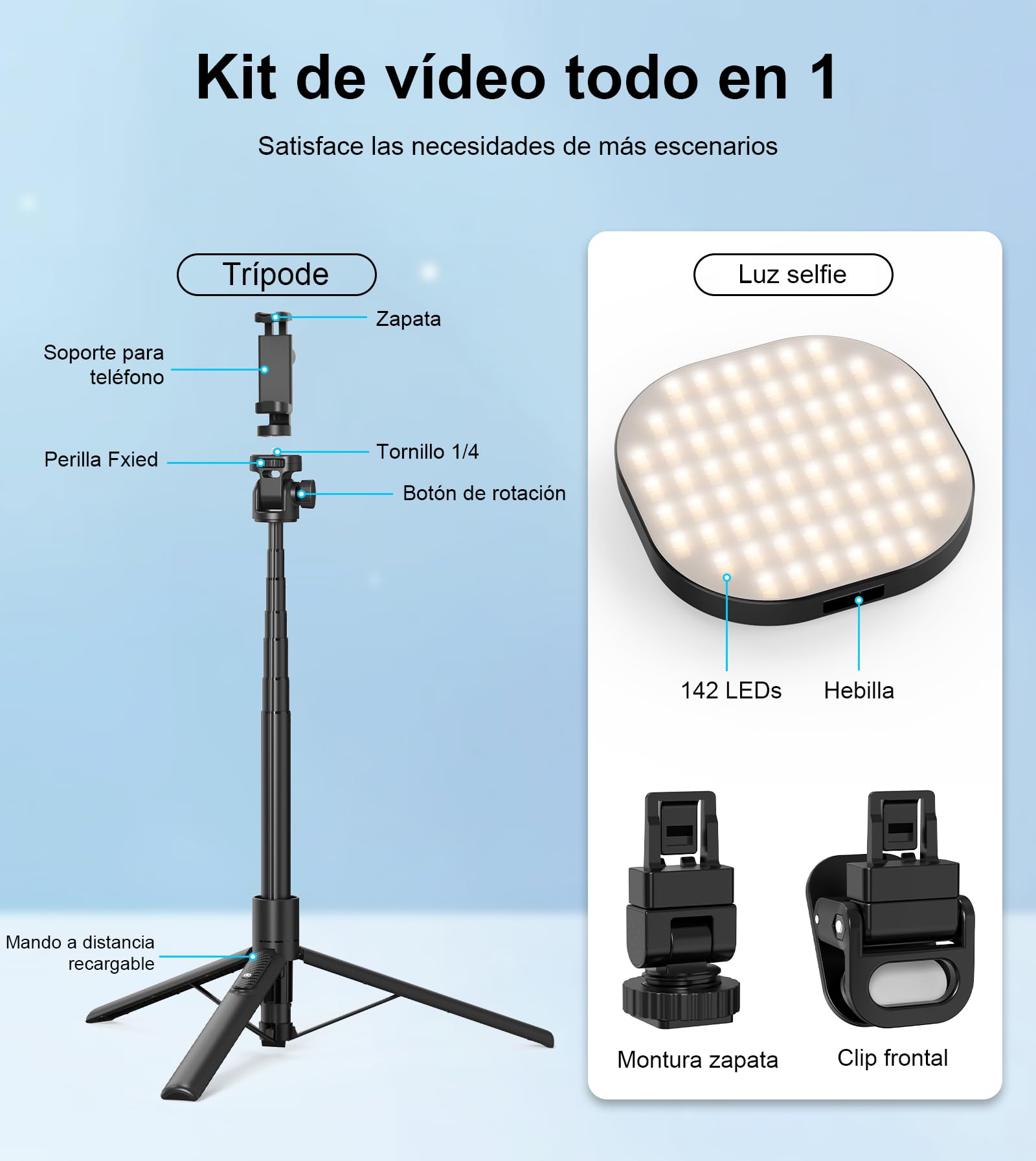 Gahenwo Vlogging Kit,Palo Selfie Trípode Móvil Teléfono con luz LED, 155cm Trípode Monopie para Cámara de Pie con Mando a Distancia y Soporte de Teléfono Móvil para iPhone