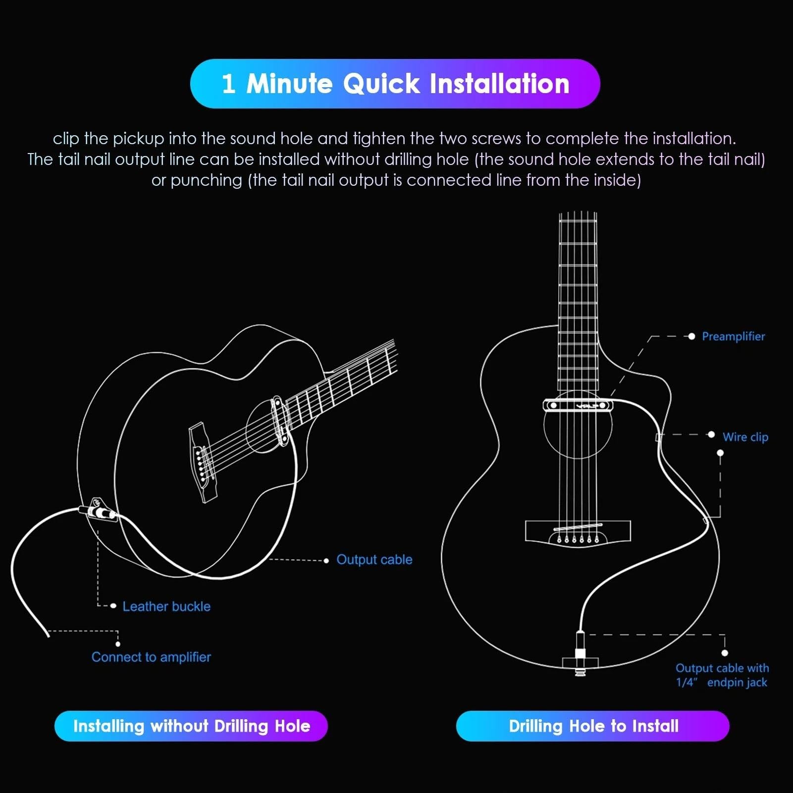 Pickup per strumenti ad arco Preamplificatore Per Chitarra Acustica Bobina Di Induzione Magnetica Pickup Alla Buca 95-110mm Gui Acustica Alla Buca(Bk)
