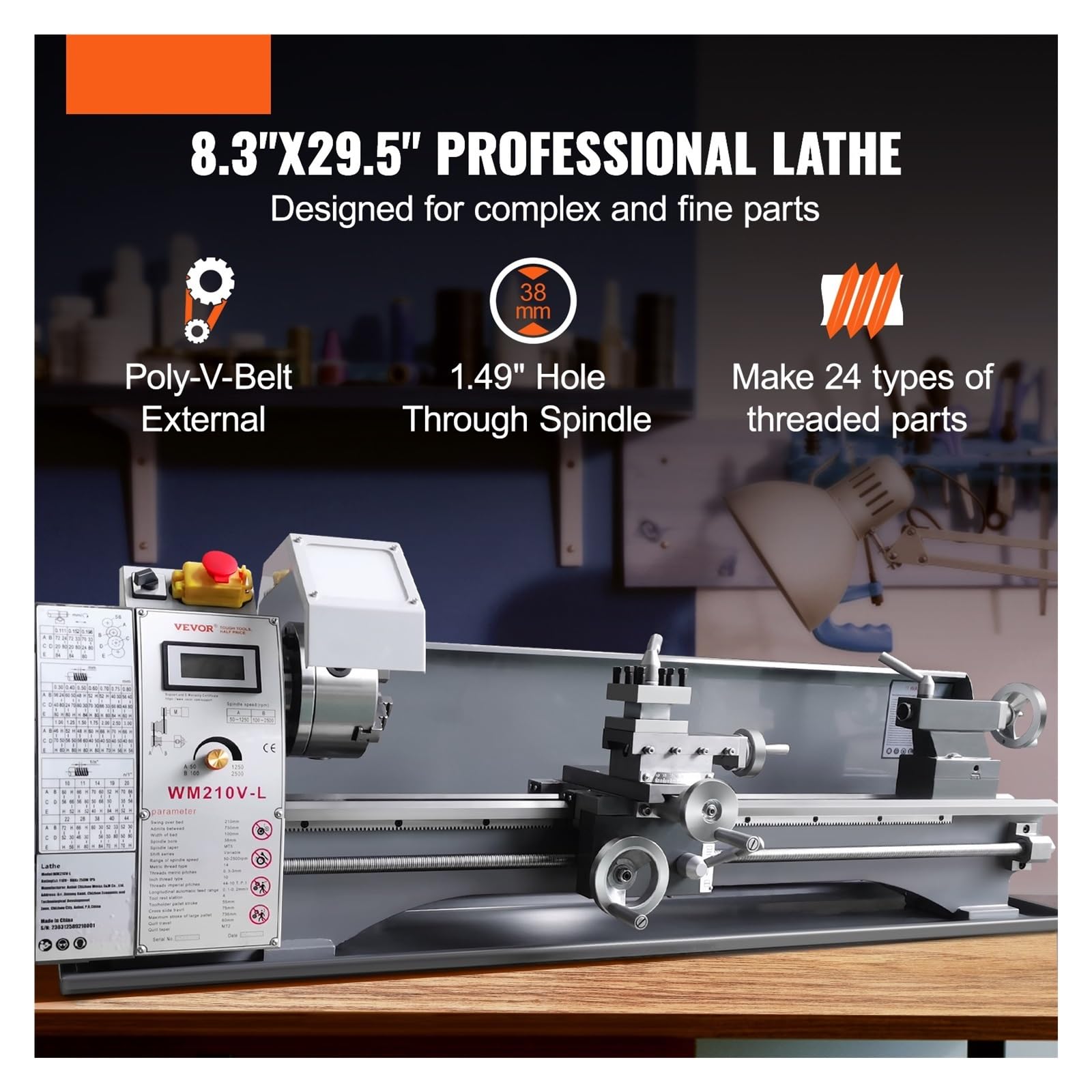 Torno de Metal de 750W sin escobillas, 8,3 "x 29,5"/210mm x 736mm, 50-2500RPM, variable continua for torneado de trabajo de Metal DIY,Mejore la eficiencia