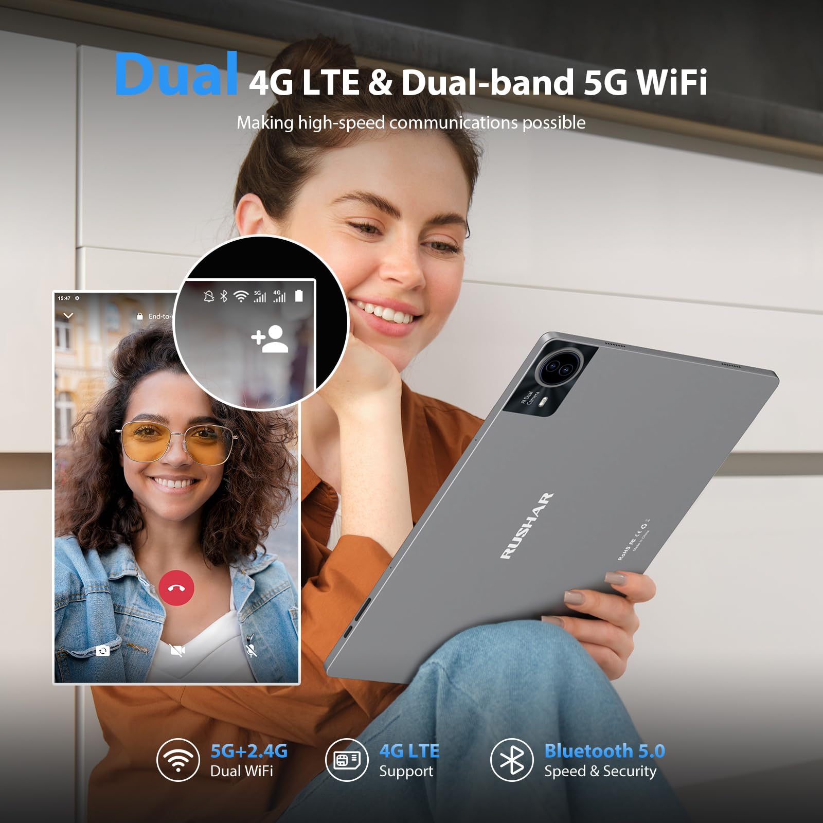 RUSHAR Tablet Android 15 con 4G LTE/SIM, Tablet 14 Pollici, 36GB RAM +256GB ROM (1TB TF), 5G WiFi/11580mAh/INCEL 2240x1400/Octa-Core/13MP+8MP/Face ID/GPS/18W, Tablets in offerta con Fondina, Silver