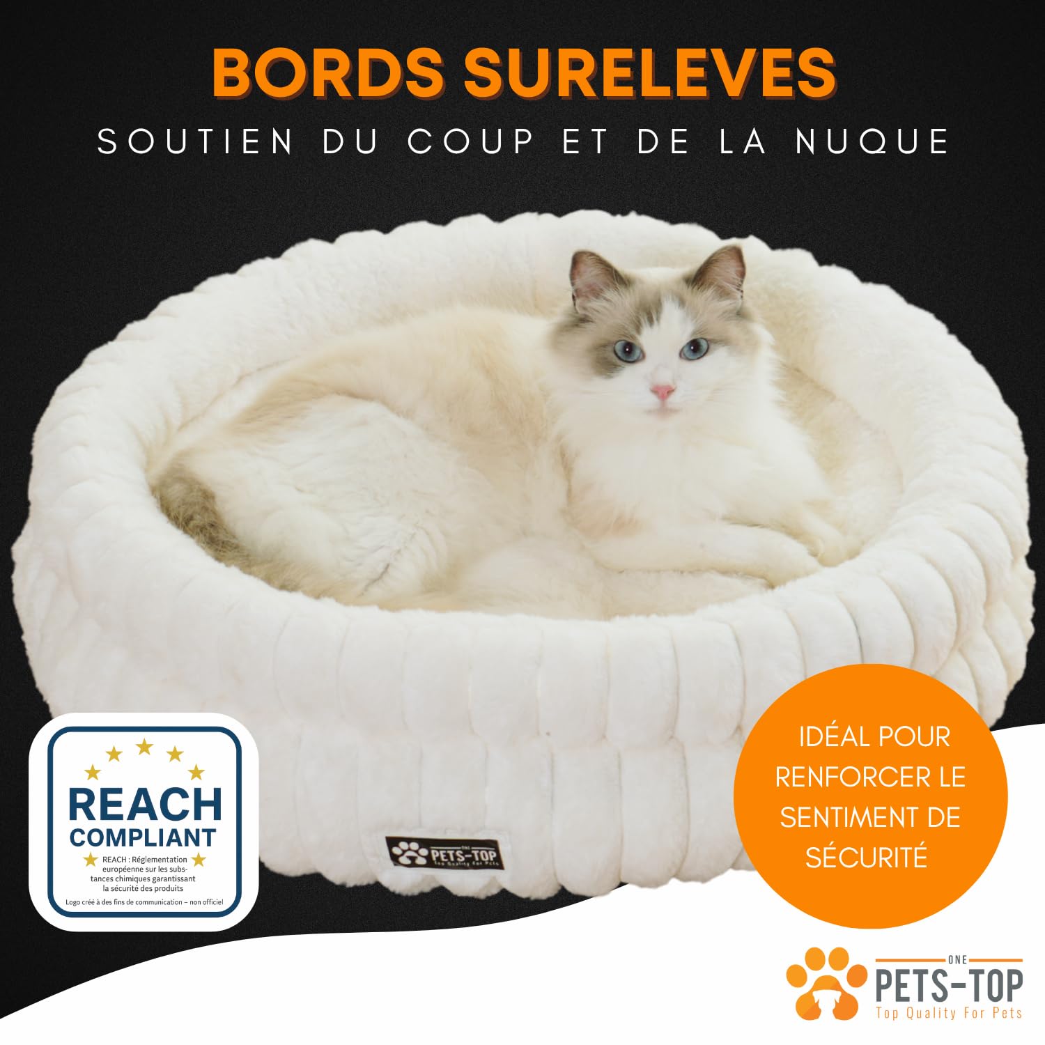One PETS-TOP Panier Chat Moelleux – Coussin Chat ou Petit Chien Doux et Confortable – Cat Bed Antistress – Couchage Apaisant Rond et Chaud (Blanc, 50 cm)