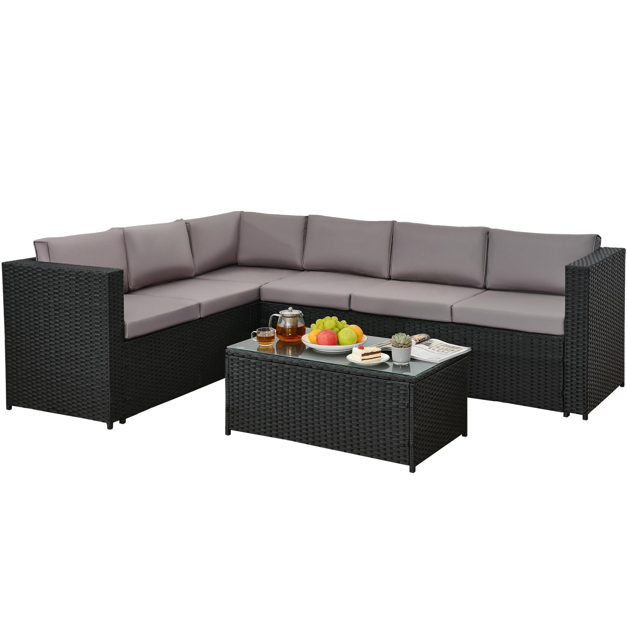 3 Pcs Aluminium Frame Rattan Garden Furniture Set, 6 Seater Corner Garden Sofa with Cushions and Glass Coffee Table, Outdoor Patio Furniture Set for Balcony, Conservatory, Terrace