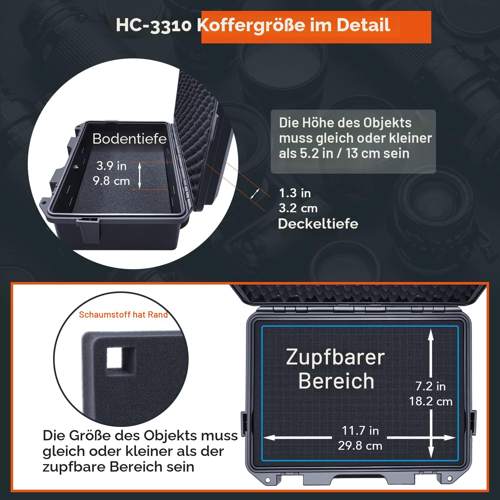 Lykus HC-3310 Wasserdicht Koffer mit anpassbar Rasterschaumstoff, Innengröße 33x21x13,5 cm, geeignet für Pistole, DSLR Kamera, kleine Drohne, Camcorder, Actionkamera und mehr