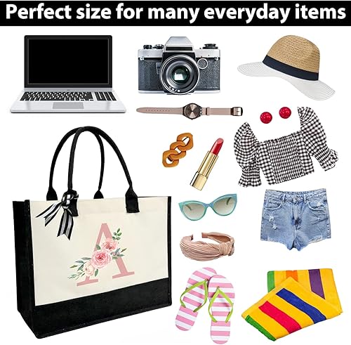 Miniatura 6 de Bolsa de lona con inicial para mujer, bolsa de playa con bolsillo interior con cremallera, regalos personalizados para bodas, cumpleaños