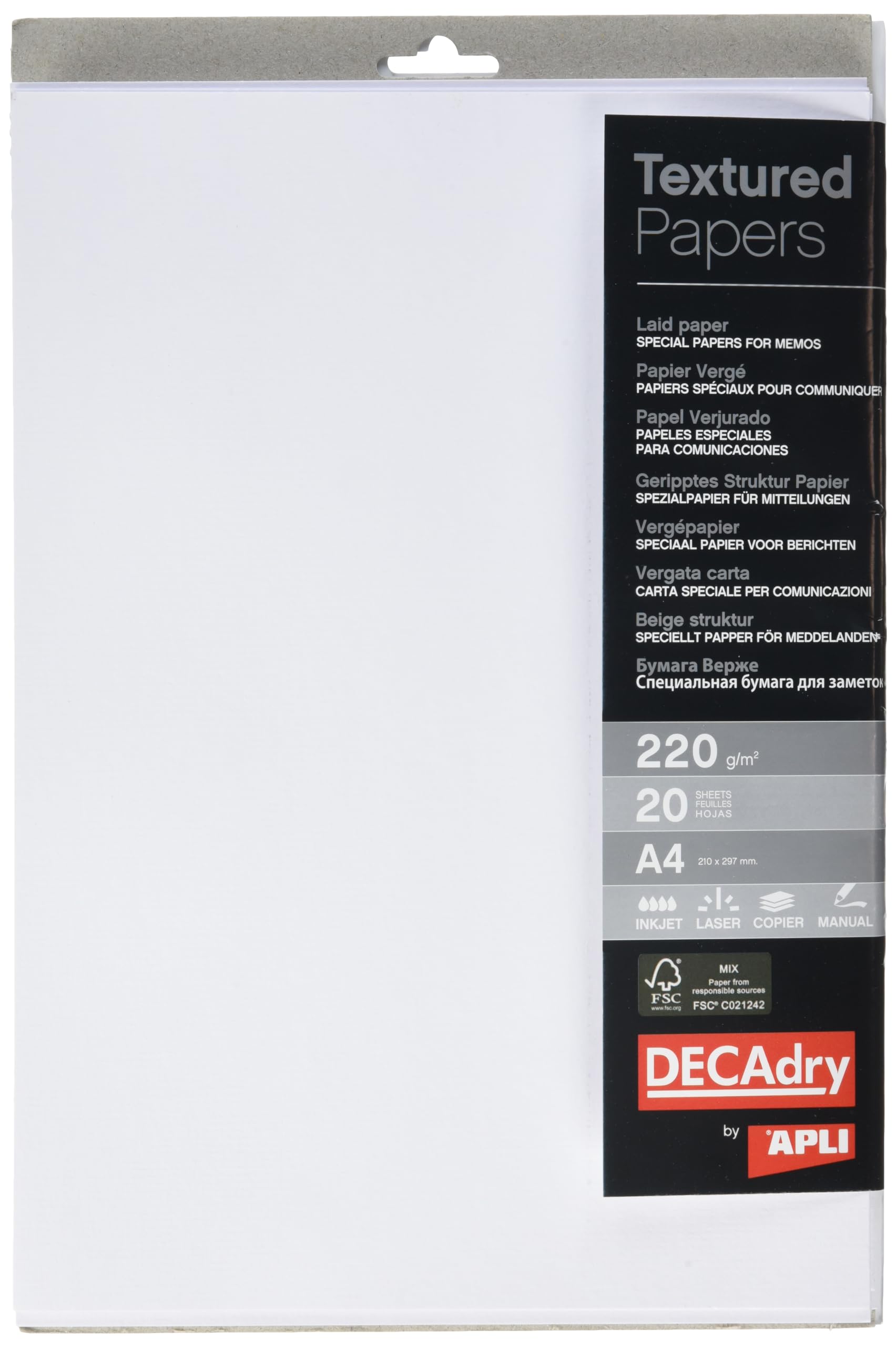 Apli 012130 Pochette de 20 Feuilles de papier A4 220 g Vergé Blanc