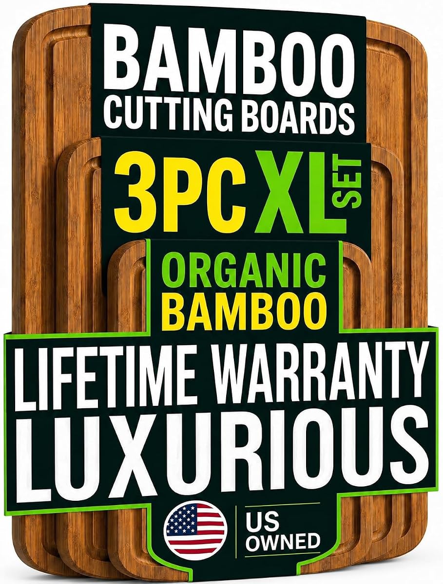 LUXURIOUS Bamboo Cutting Board 3-Piece Set with Carbonized Vertical Grain Strength Technology - Extra Large Wooden Cutting Boards for Kitchen with Deep Juice Grooves - Lifetime Replacements