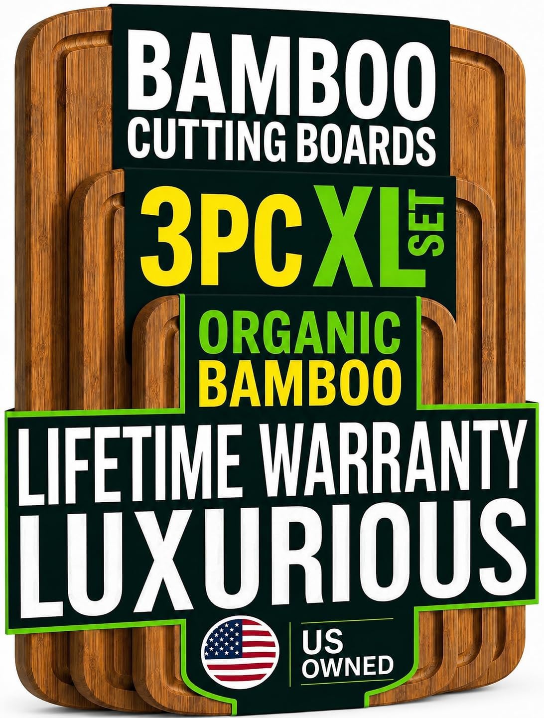 LUXURIOUS Bamboo Cutting Board 3-Piece Set with Carbonized Vertical Grain Strength Technology - Extra Large Wooden Cutting Boards for Kitchen with Deep Juice Grooves - Lifetime Replacements