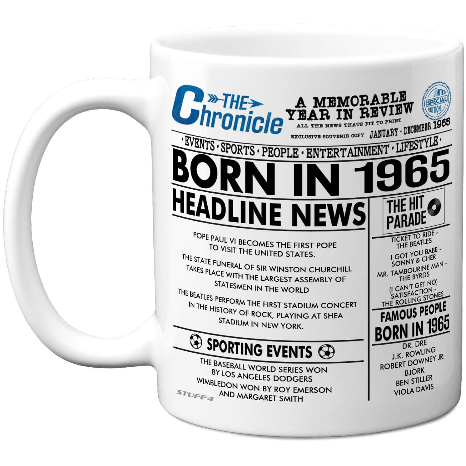 Stuff4 Men's 1965 61St Birthday Mug Gift For Wo - Born In Newspaper - Happy 61 Birthday Gifts For Mum Dad Uncle Aunt Vintage Retro Back In Age 61 Bday, 11Oz Ceramic Coffee Mugs
