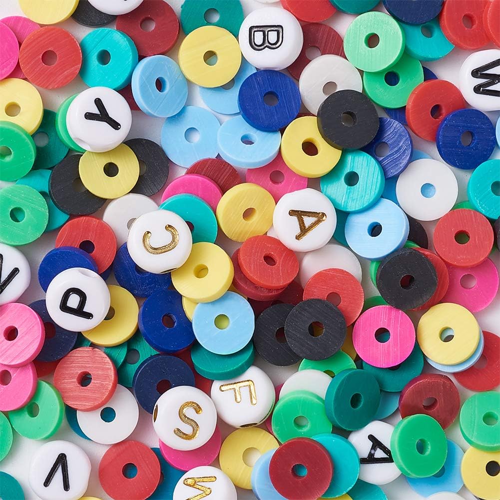 Pandahall 4560pcs 6mm Flat Round Polymer Clay Disc Beads Kits 12colors Heishi Loose Beads with Acrylic Alphabet Pony Beads Brass Spacer Beads for Bohemian Jewelry Making