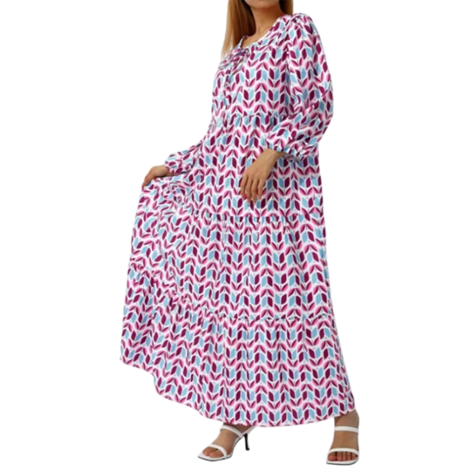 Vestido Largo de otoño de Escote en V con Mangas abullonadas y Multicolor Estampado(PÚRPURA-B,as4,Alpha,l,Regular,Regular)