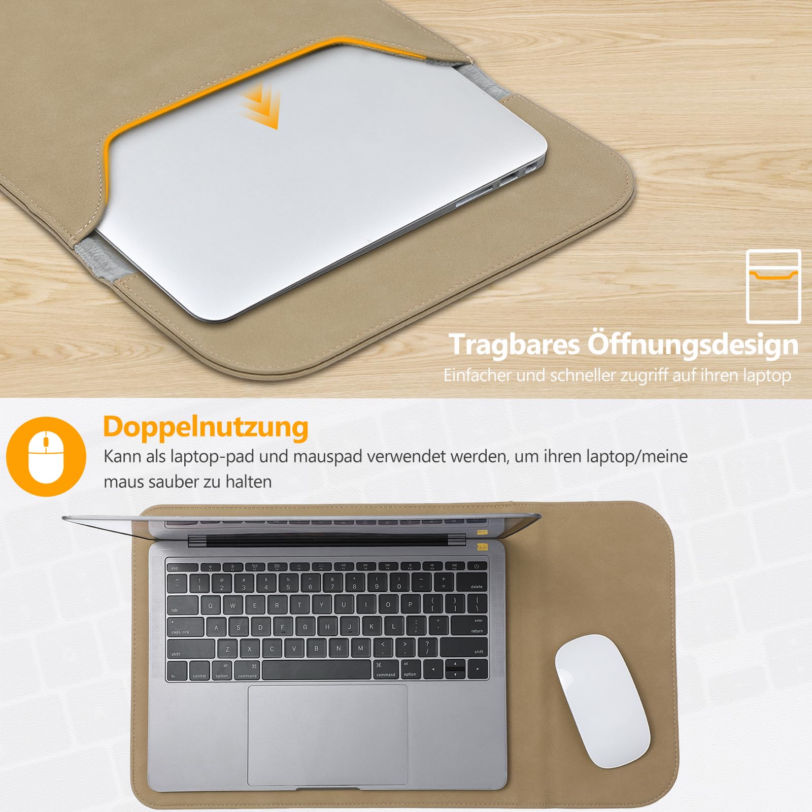 Laptop Hülle 13,3-14 Zoll – Mit Ständer & Mauspad, PU-Leder, Wasserfest, Für MacBook & Mehr