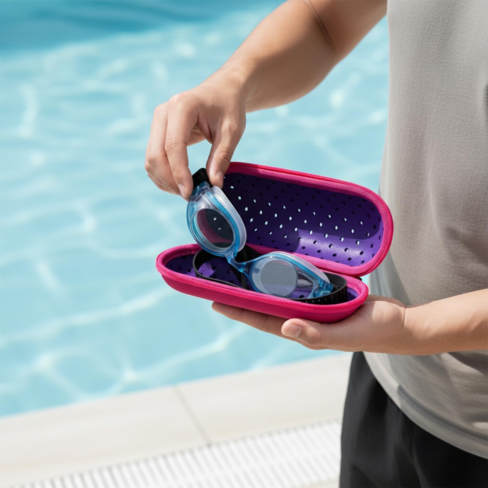 3 Stücke Schwimmbrillen Etui, Etui Brille mit Karabiner, Schutz Schwimmbrille, Glasses Case für Schwimmbrille, Sonnenbrillen, Unisex (Blau, Orange, Violett)