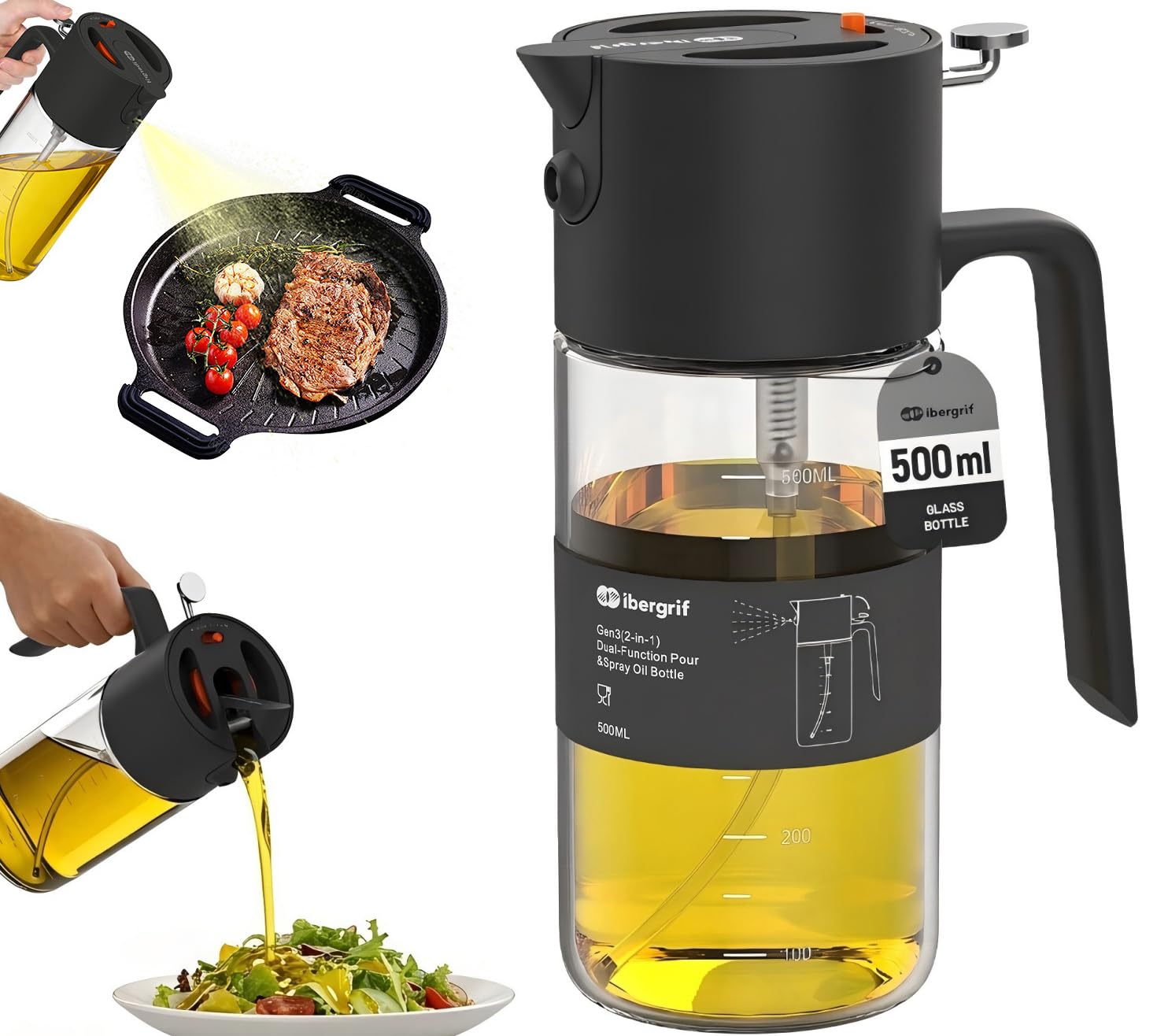 Ibergrif Black/Transparent 2‑In‑1 Oil Sprayer & Dispenser Bottle 500Ml - Toggle Spray/Pour, 0.5G Mist, Leakproof For Air Fryer, Bbq, Roasting,