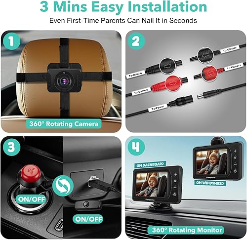 Miniatura 7 de Cámara de coche de bebé de 5 pulgadas con visión nocturna NO.1, alimentada por USB, modo espejonormal, monitor de bebé de coche transparente IPS de