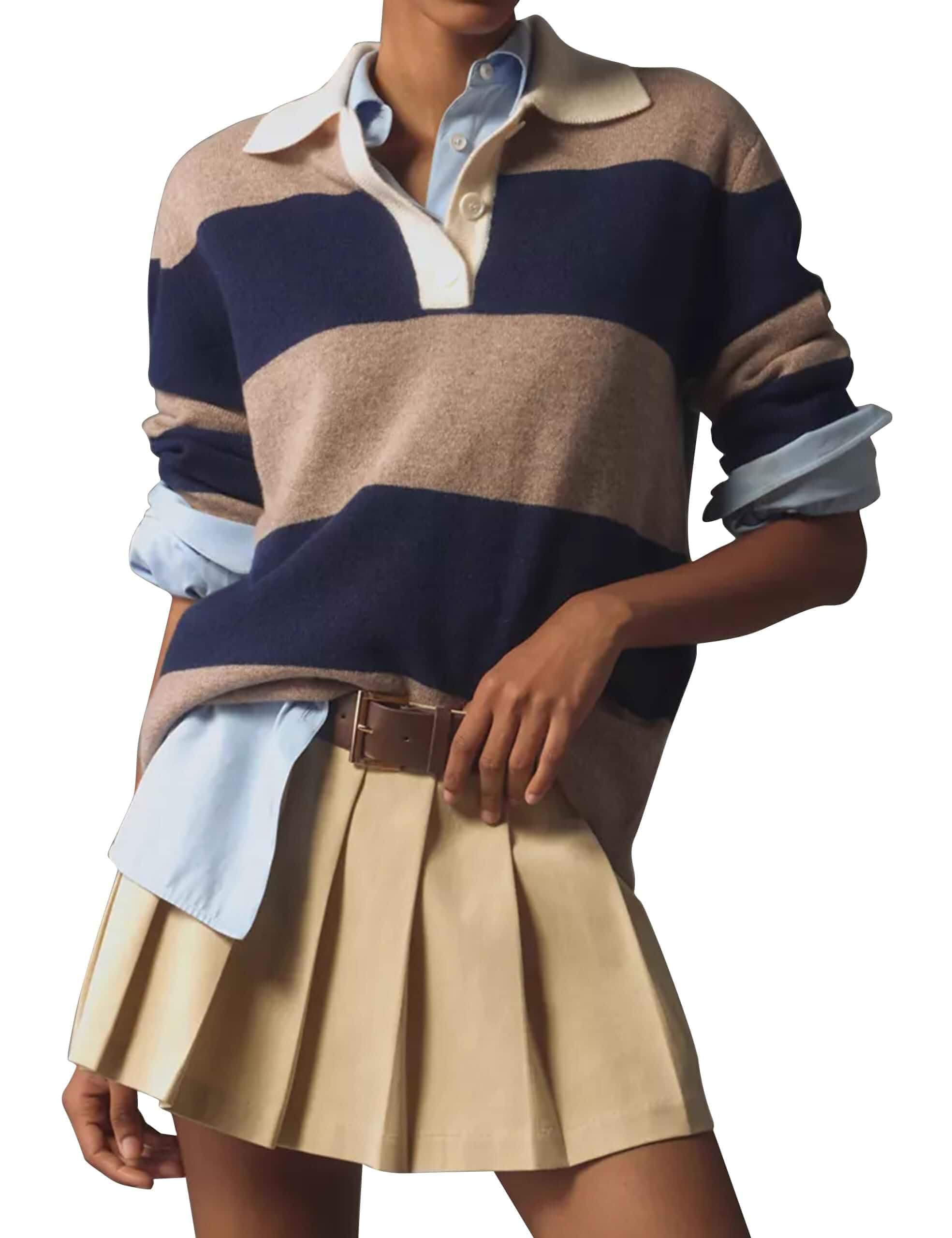 Womens Striped Sweater Rugby Polo Shirts Y2k Collar Pullover Tops Rugby Shirt,Long Sleeve Knit Top,Lapel V Neck Jumper,Oversized,Casual Outings Streetwear,Preppy Sweater,Fall Winter Clothes