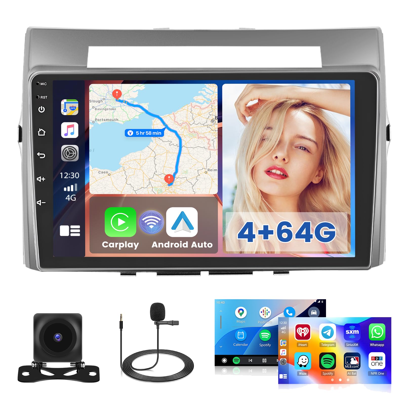 Hikity 4G+64G Android Autoradio dla Toyota Corolla Verso 2004-2009 radio samochodowe 2 DIN bezprzewodowe Carplay Android Auto 9-calowy ekran dotykowy z GPS WiFi Radio FM/RDS 32EQ BT Mic Camera