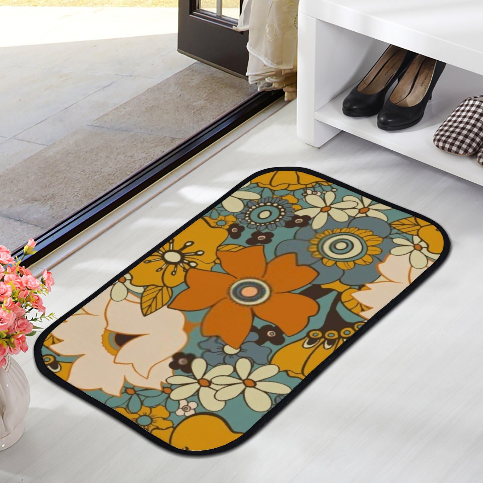QAZPL Nuansexi Bathroom Rugs Bright Flowers The 70s Style Yellow Floor Mats Non Slip Bathmat Doormat Tub Mat Coral Velvet Absorbent Entrance Carpet Mats Machine Washable Bedroom Decor