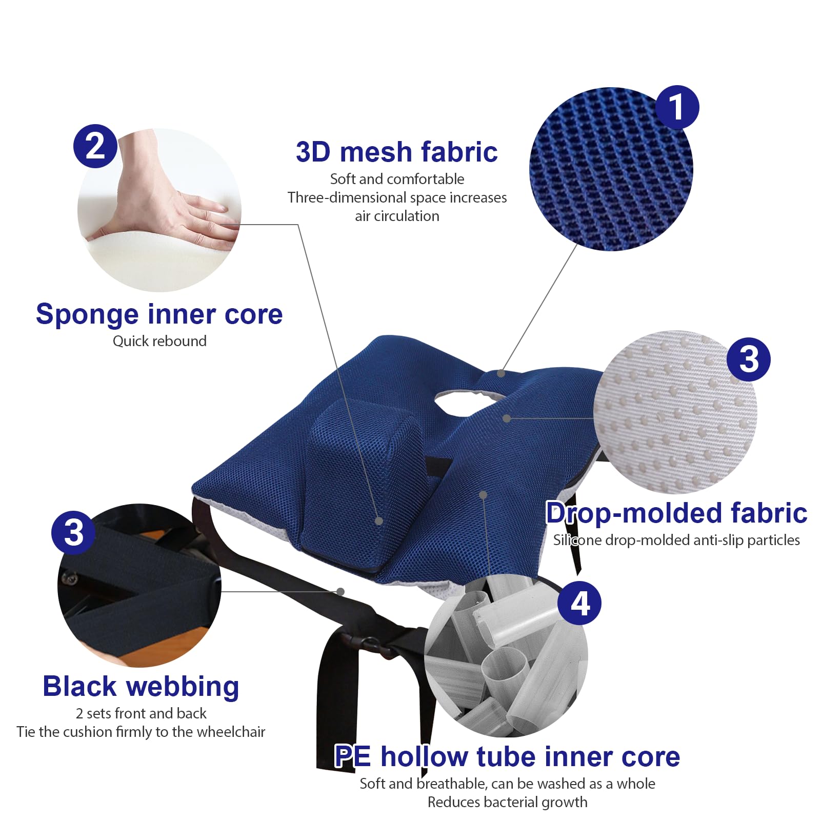 LIROPAU Cuscino antiscivolo per sedia a rotelle, cuscino per sedia a rotelle per anziani, con cuneo e cintura di sicurezza, sfoderabile, traspirante, per emorroidi, sciatica, piaghe da decubito e
