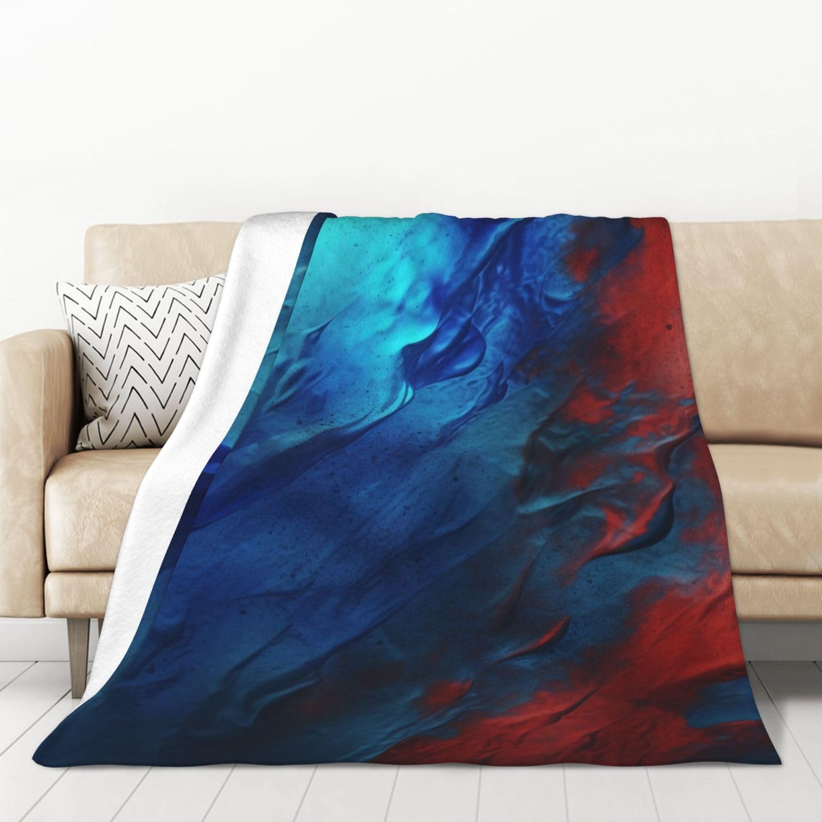 Couverture douce et chaude en flanelle de 320 g plaid imprime texture rouge et bleu salon