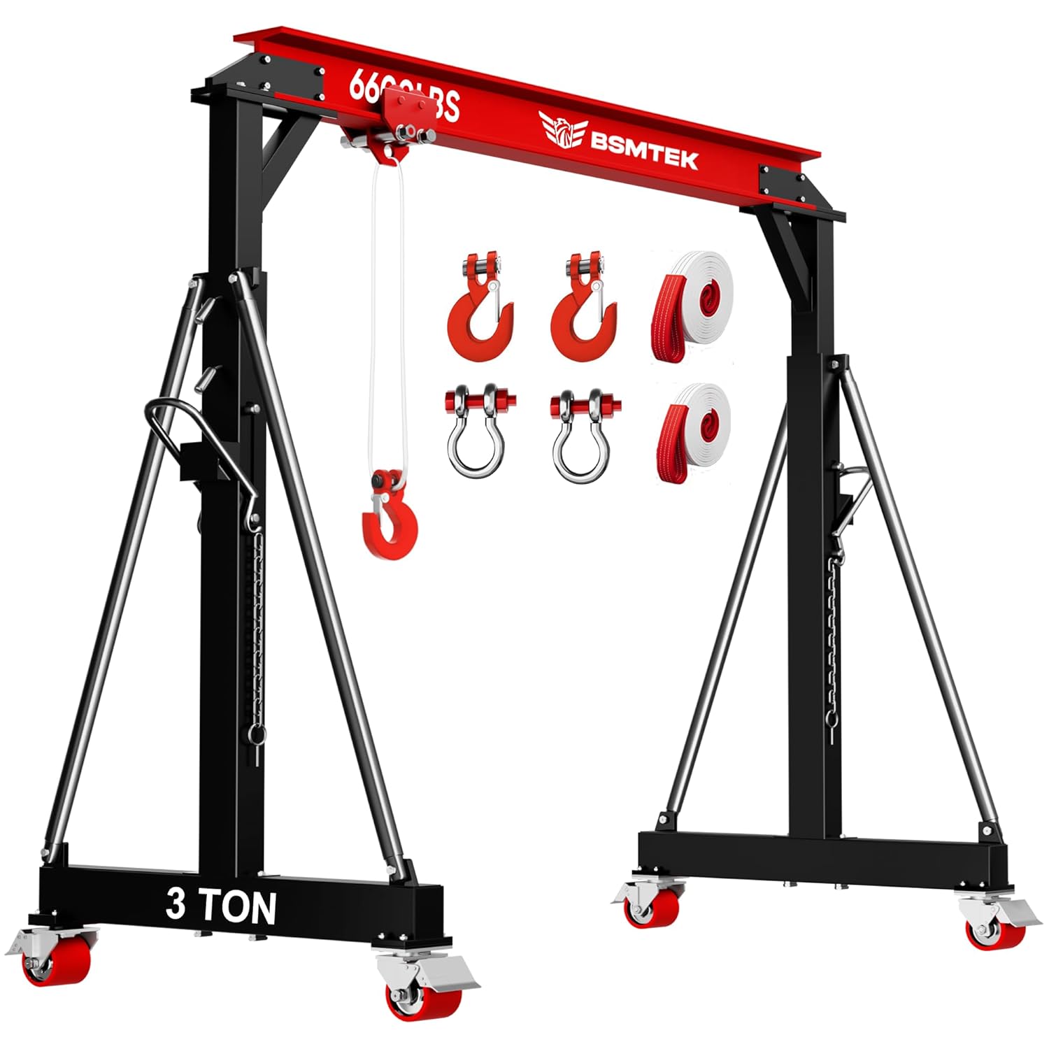 3 Ton Gantry Crane 6600lbs Capacity, Adjustable Height (8.53-12.47 FT), Width (9.066 FT), Steel I-Beam Construction, Portable Shop Hoist for Factories, Warehouses, Red-2026 Upgraded