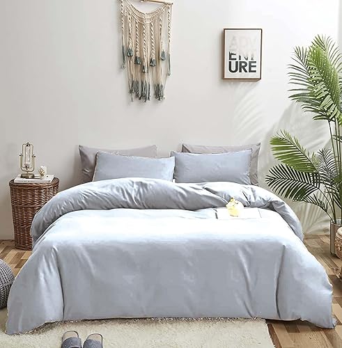 SDIII Juego de funda de edredón blanca de 3 piezas, tamaño matrimonial, funda de edredón con lazos en las esquinas y cierre de cremallera,