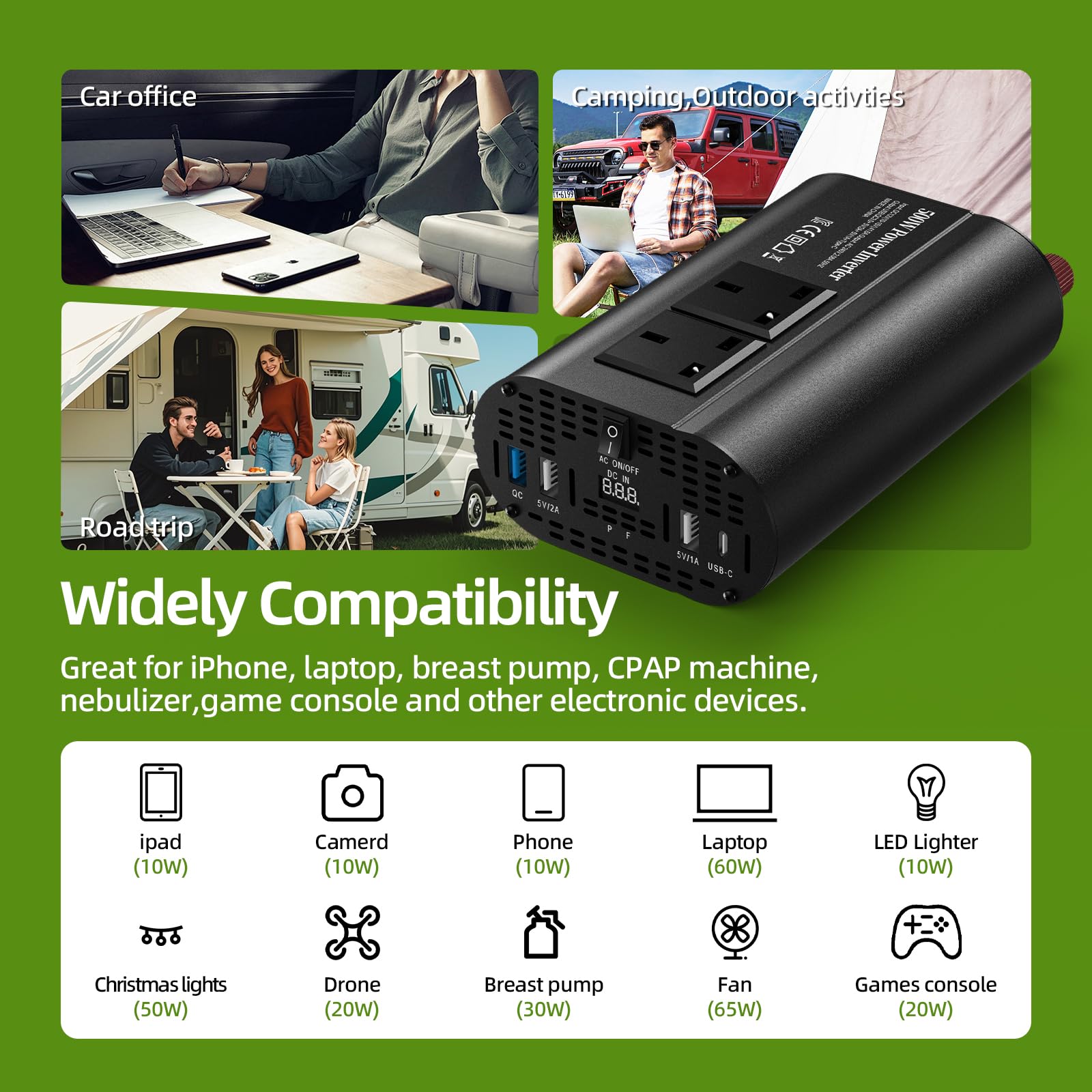 TAGEEBLU 12V 500W Power Inverter 12v to 240v, Car Voltage Converter Transformer with 2 3-Pin Sockets & 2-USB & 1 QC & 1-Type-C Ports for Charging Phones, Laptop, Tablets, TV, Camping Equipment - 3