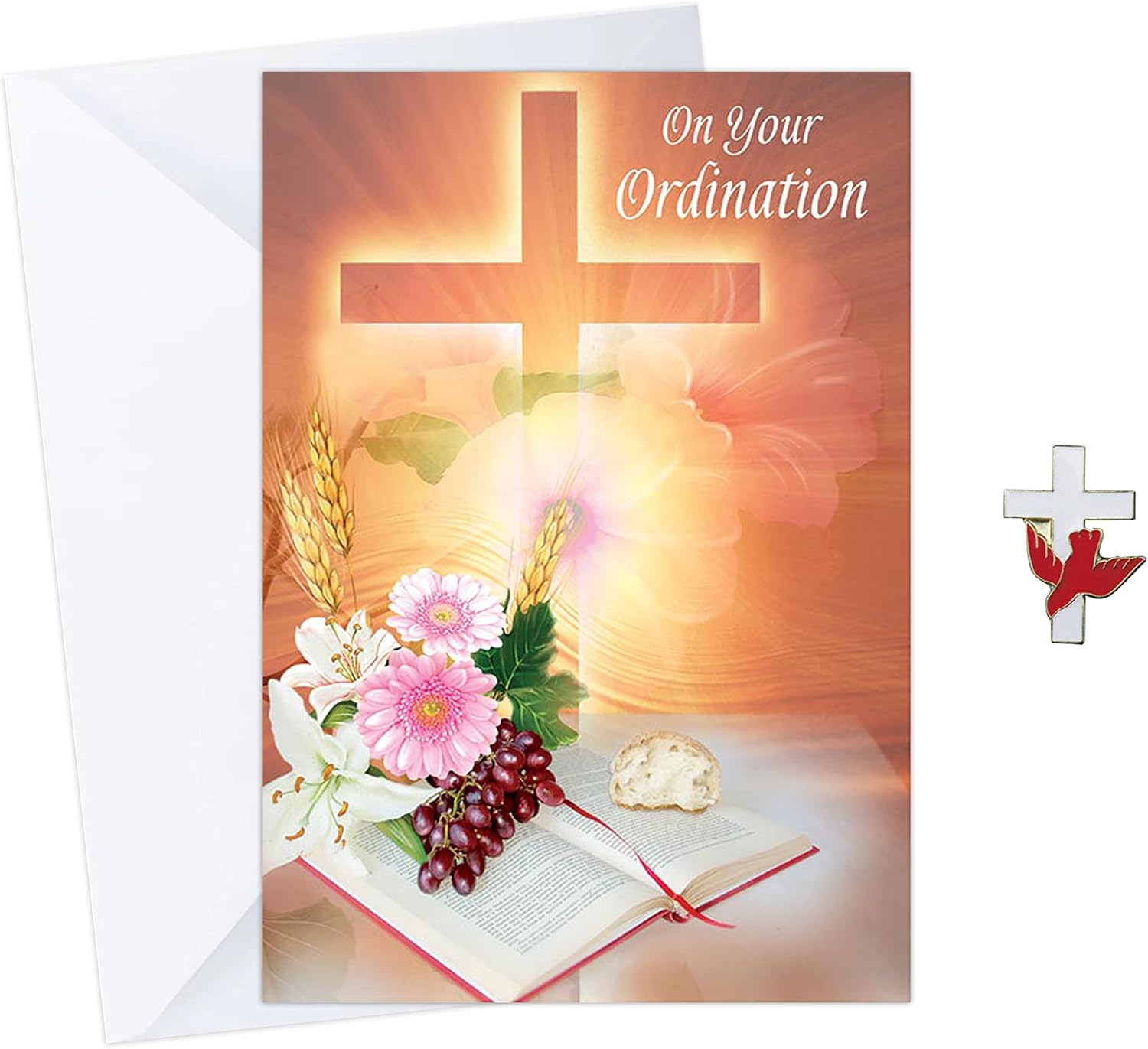 Deacon Ordination Greeting Card - with Holy Spirit Cross Lapel Pin | Priestly Ordination Card, Gold Plated Cross Red Dove Pin | Bishop Ordination Card Set of 2 Items
