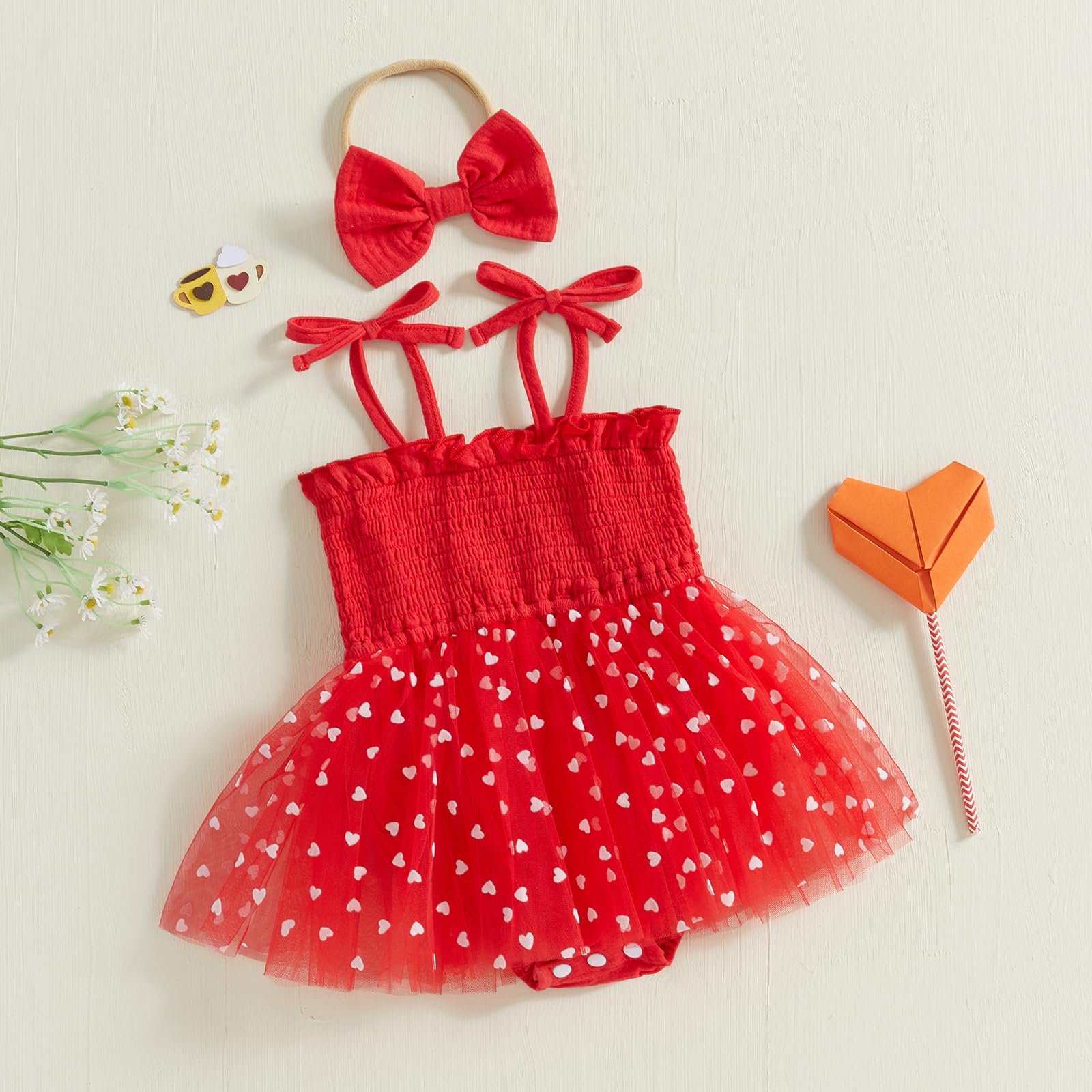Toddler Girl Valentines Day Romper Dress Heart Velvet Patch Bodysuit with Tutu Dress Skirt Princess Cake Smash Outfit (Red, 0-3 Months)