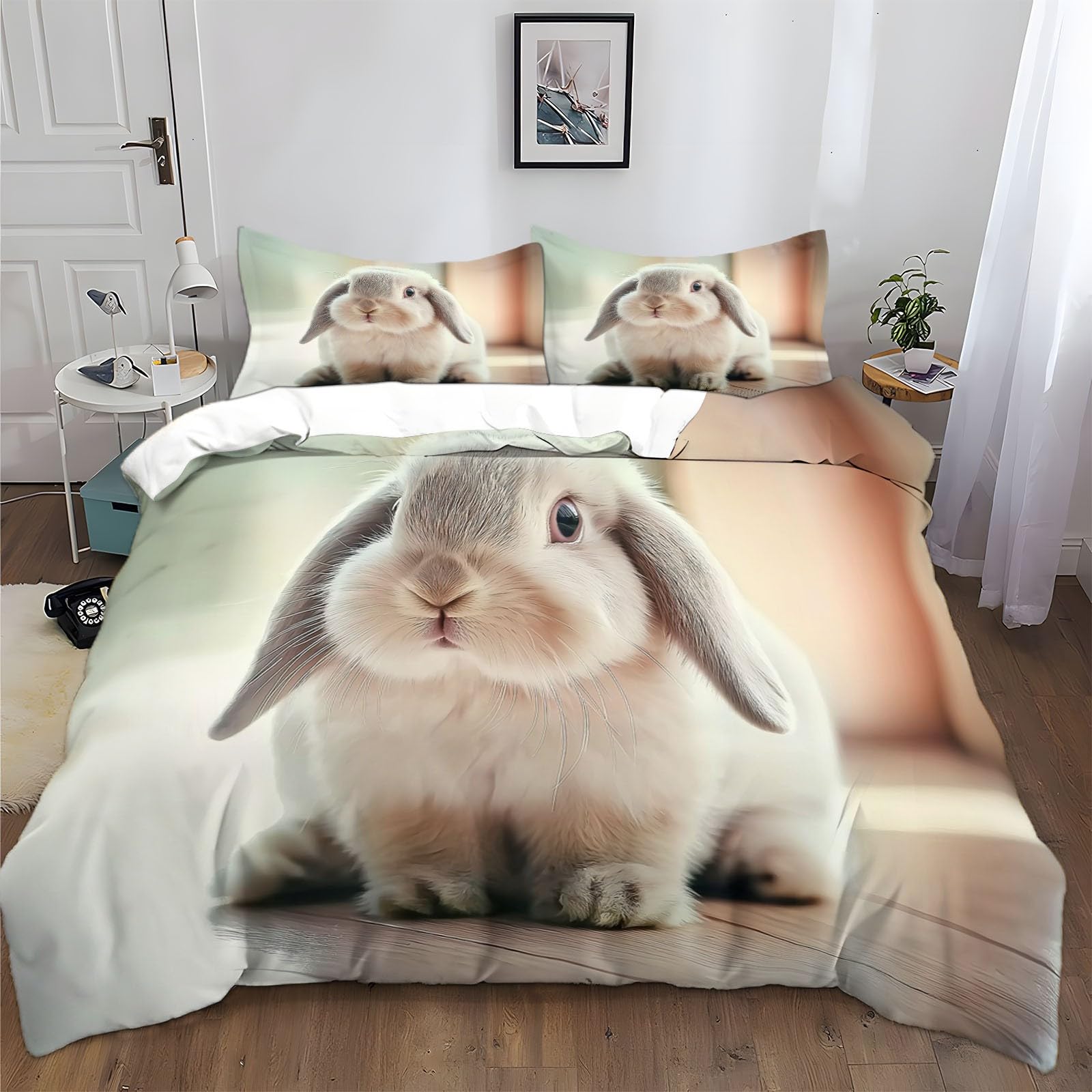 Copripiumino Singolo 150x200 cm Coniglio Lop Animale Set di Biancheria da Letto in Cotone Poliestere Confortevole Stampa 3D Copripiumino con Chiusura a Cerniera