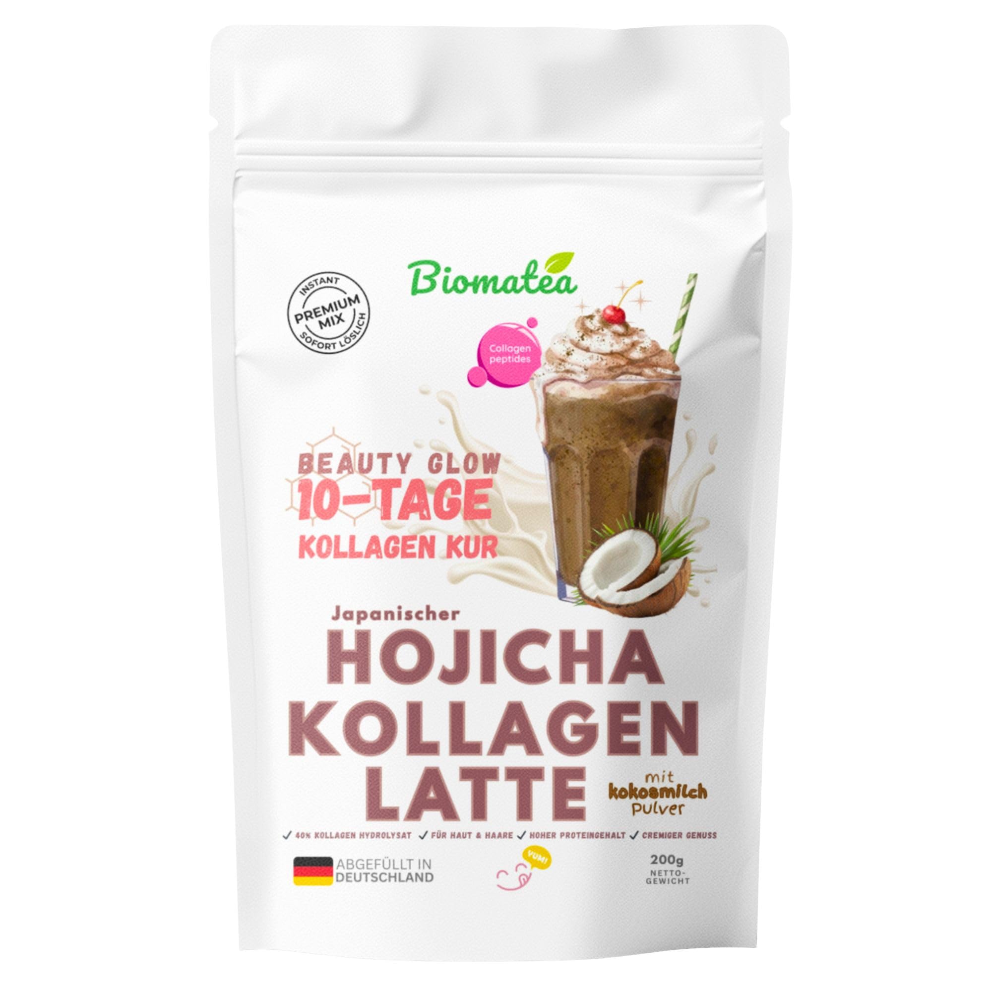 Biomatea 10-dniowy Beauty Glow kuracja – Hojicha kolagen Latte w proszku, japońska herbata palona z peptydami kolagenowymi dla promiennej skóry i jędrnych paznokci – kremowa mieszanka instant z