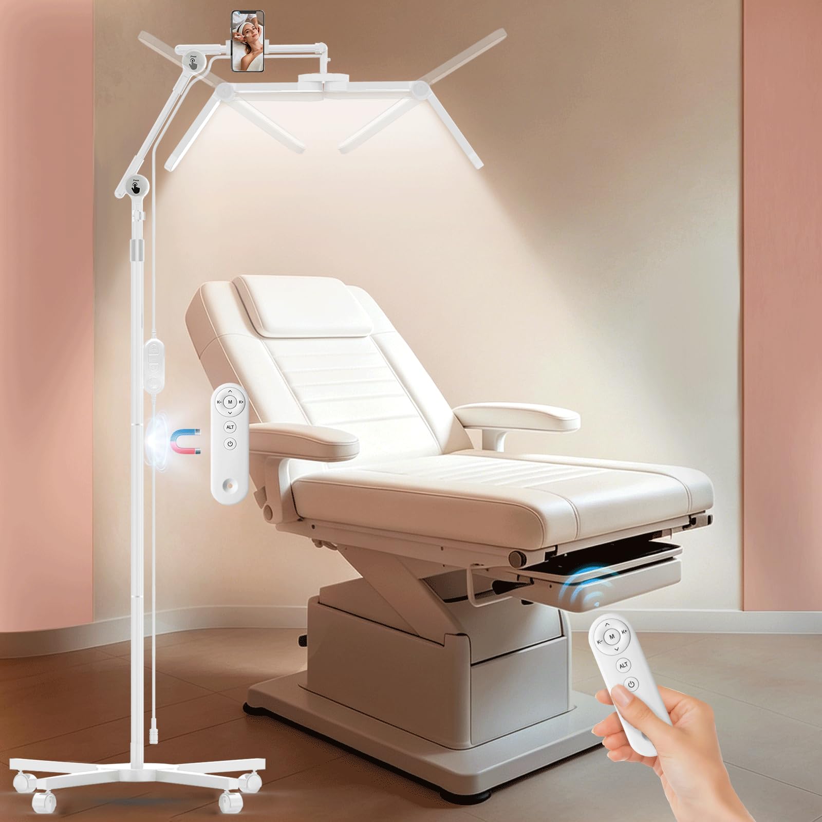 Diesisa Faltbar Flimmerfrei kosmetiklampe mit Rollgestell für Beauty Salon | Einstellbarer Höhe Beauty Lampe Kosmetik, Kosmetik Licht mit 360° Lampenköpfe für Studios, Wimpernverlängerung, Nageldesigns