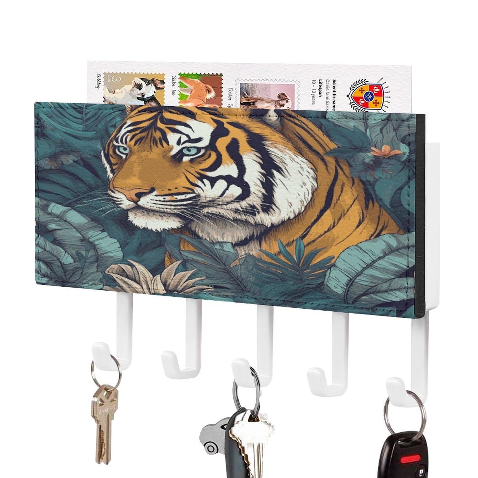 LDGSUPH Tropical Tiger Key Holder Wall Mount Key Hanger with 5 Hooks Fashion Key Organizer Rack Hanging Key Hooks with Mail Organizer Key Rack for Home Entryway Hallway White-Style