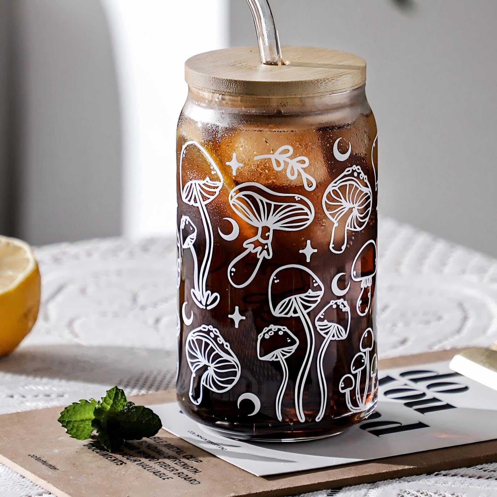 Regalos de hongos para mujer vaso de vidrio de 16 onzas con pajita