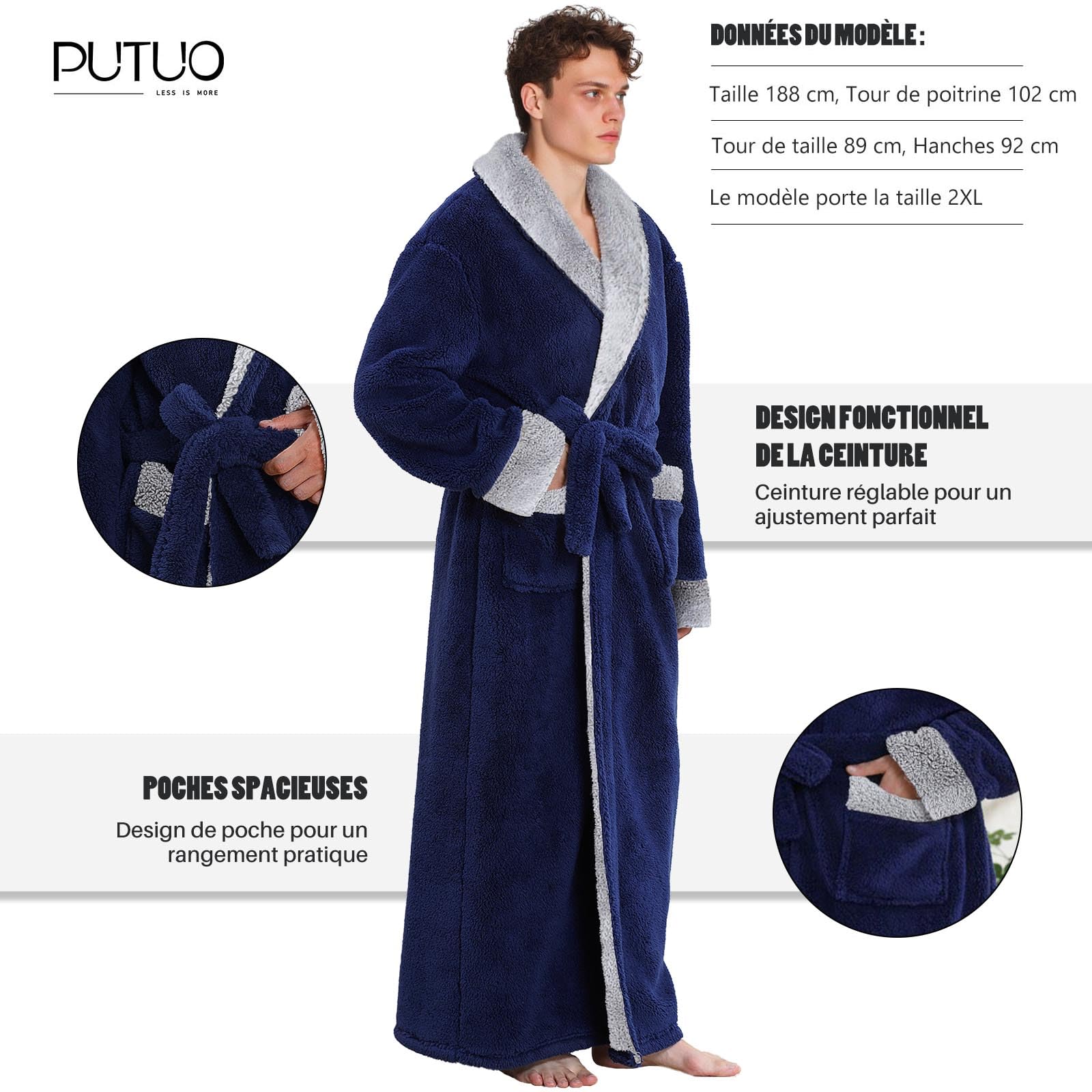 PUTUO Peignoir Robe de Chambre pour Homme: Peignoir Long en Polaire pour l’Hiver - Robe de Chambre Chaude en Pilou-Pilou Doux Idée Cadeau de Noël Anniversaire