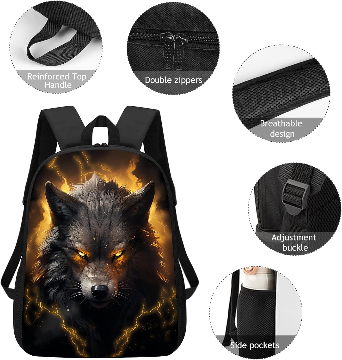 Huke Kids Wolf Backpack for Boys Girls, Cool Black Gold Lightning Backpack for School & Travel, Big Kids Child Backpacks, Elementary Middle High College Student Bookbag, Fire Wolf, 17 Inch