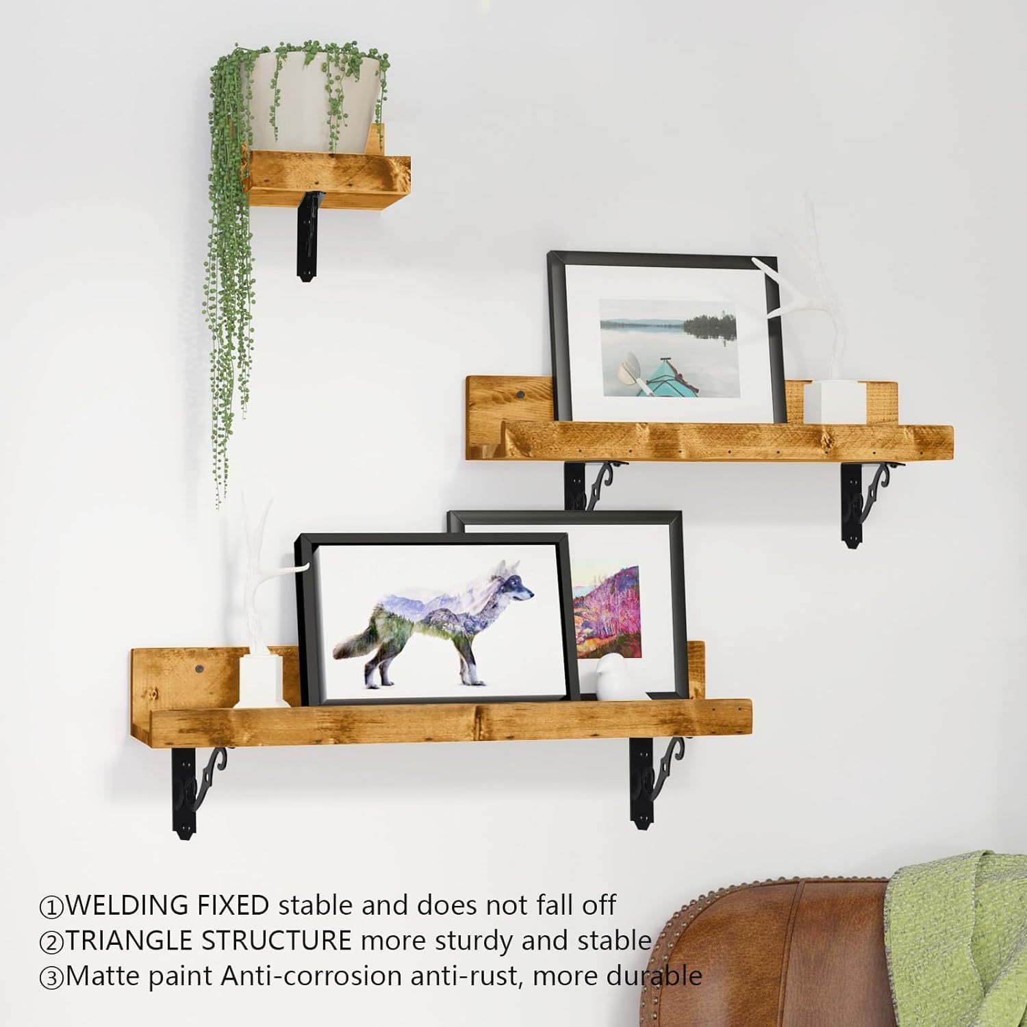 HOME MASTER HARDWARE Decorative Shelf Brackets 8 inch, Black Shelf Bracket, Heavy Duty Metal Shelf Brackets & Supports, 2 Pack Rustic Iron L Shape Corner Brace Shelving Brackets with Screws
