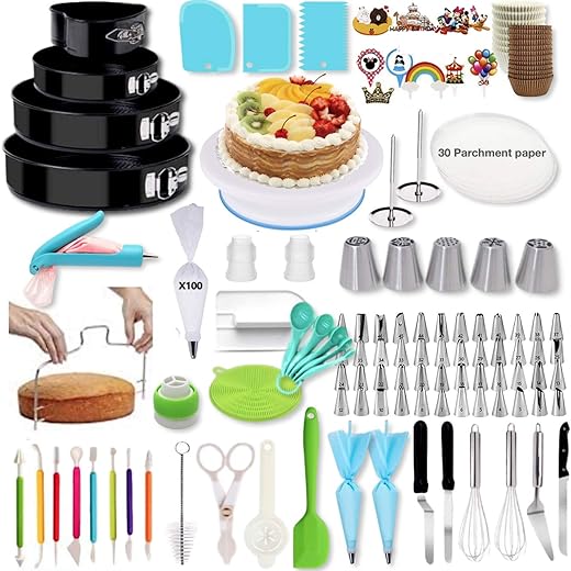 Cake Decorating Supplies | Cake Decorating Kit Baking Supplies Set For Beginners | Rotating Cake Turntable Stand | Icing Piping Tips & Bags | Frosting & Pastry Tools (340 Pcs)