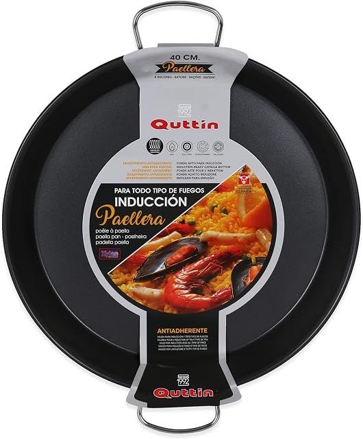 Quttin - Non-Stick Paella Pan for All Types of Cookers. Paella Suitable Induction, Gas, Vitroceramic. Paella Pan 8 Portions of 40 cm Diameter with Coating for Durability and Resistance., Black/White