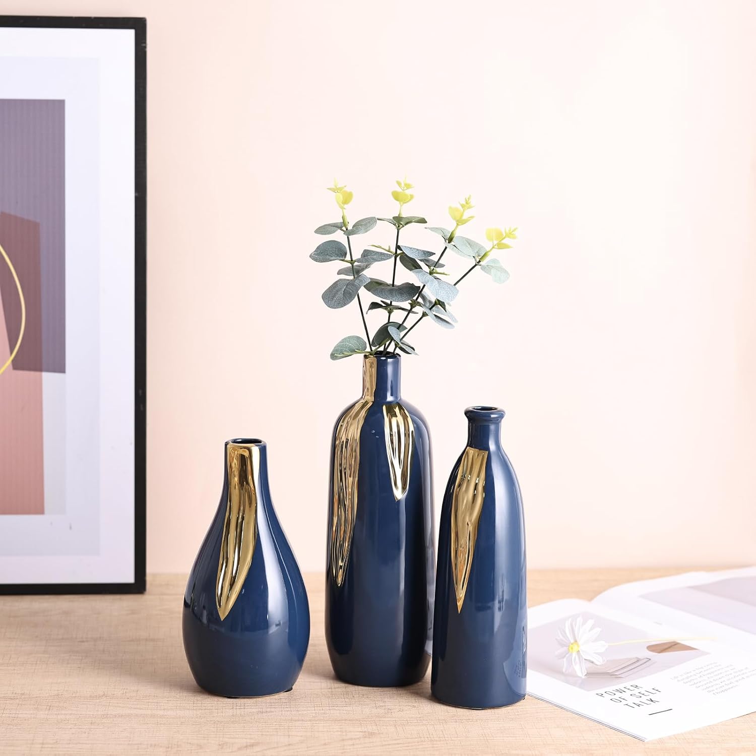 Blue and Gold Ceramic Vase Set of 3, Ceramic Vase Set for Decorative, Blue and Gold Single Stem Vases for Centerpieces Nightstand Kitchen, Boho Farmhouse Home Decoration