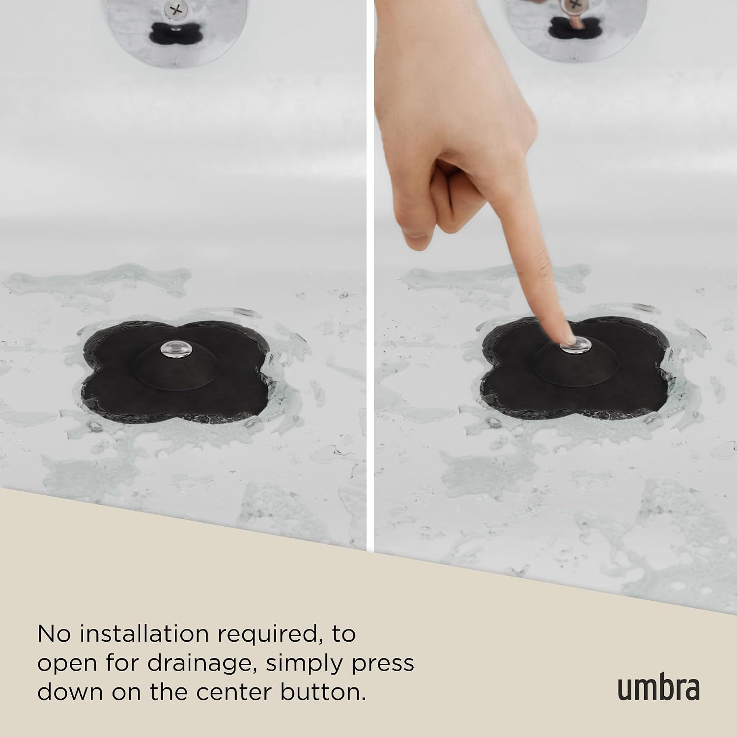 Umbra Bloom Drain Stop, Bathtub Drain Hair Catcher, 3-Inch, Black | Silicone material, flexible and durable, fits standard drains, wipe or rinse clean, rust resistant