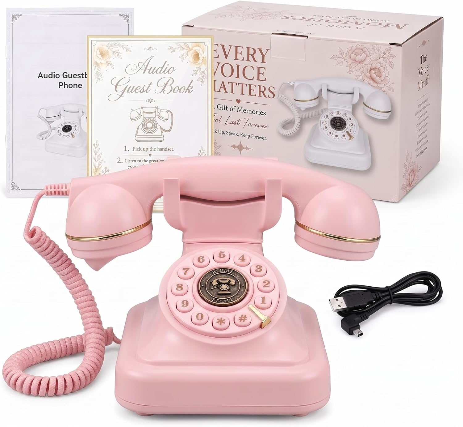 Audio Guest Book Phone for Weddings, 32GB Voice Recorder, Pink