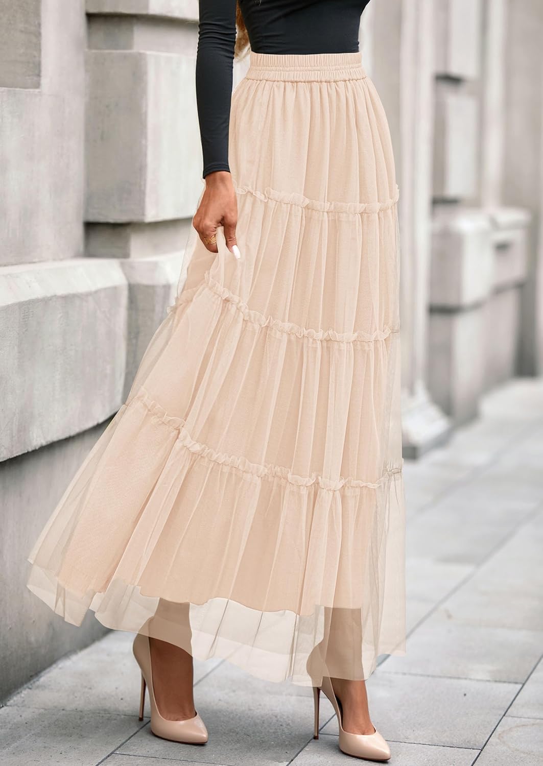 PRETTYGARDEN Tulle Skirts for Women 2026 Spring Fashion Elastic High Waisted Tiered Flowy Fairy A-Line Casual Maxi Long Skirt - Image 7