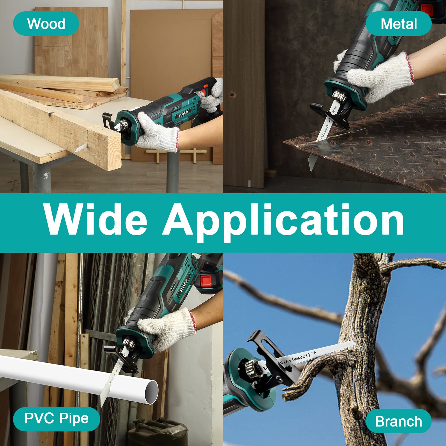 Scie Sabre Sans Fil, STANEW 20V Scie Sabre avec 2X2,0Ah Batterie, scie sabre Vitesses Réglables 0-3000SPM, 5 Lames de Scie,Idéal pour bois, métal, plastique, branches