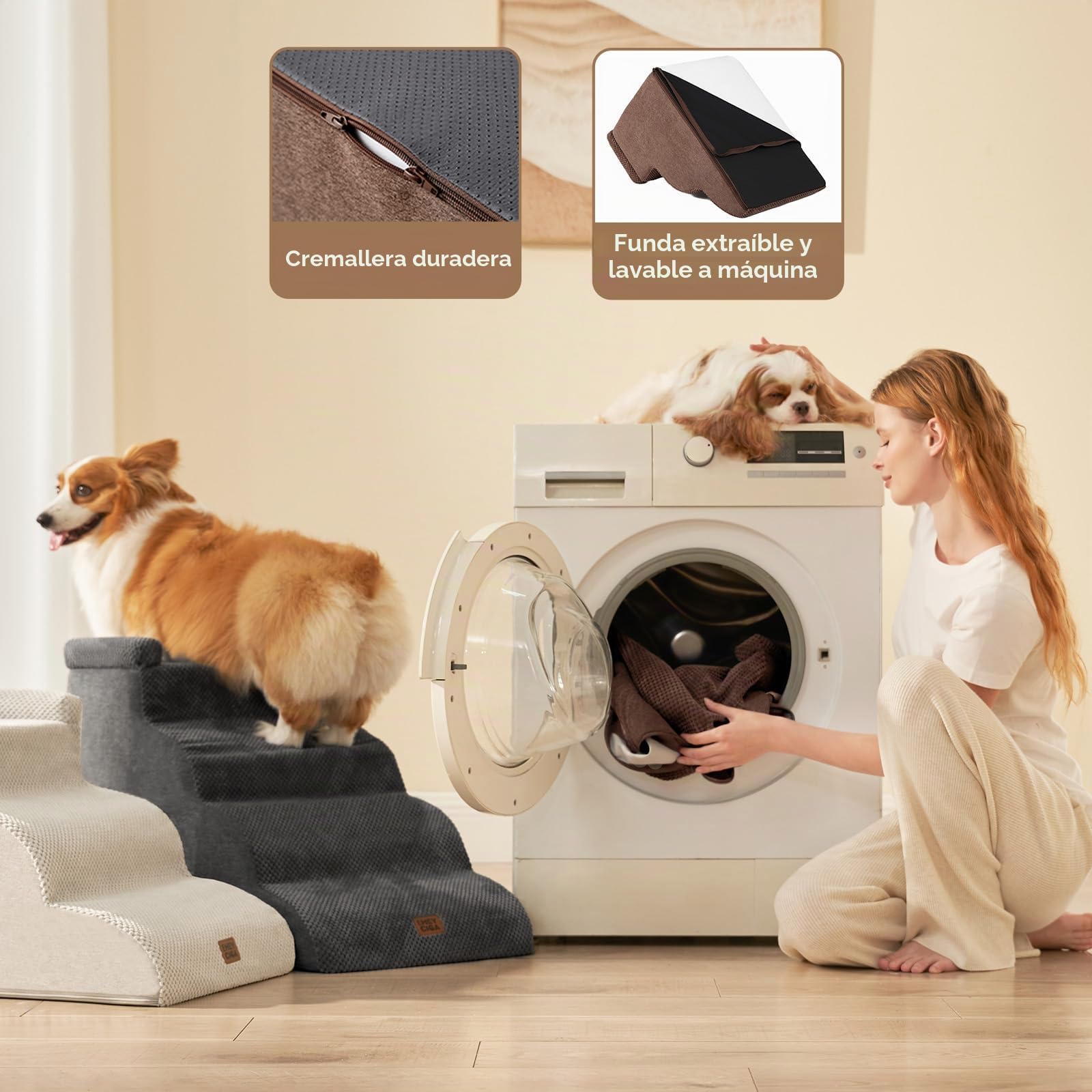 EHEYCIGA Escalera Perros 3 Peldaños, Rampa Perro Cama y Sofá, Marrón