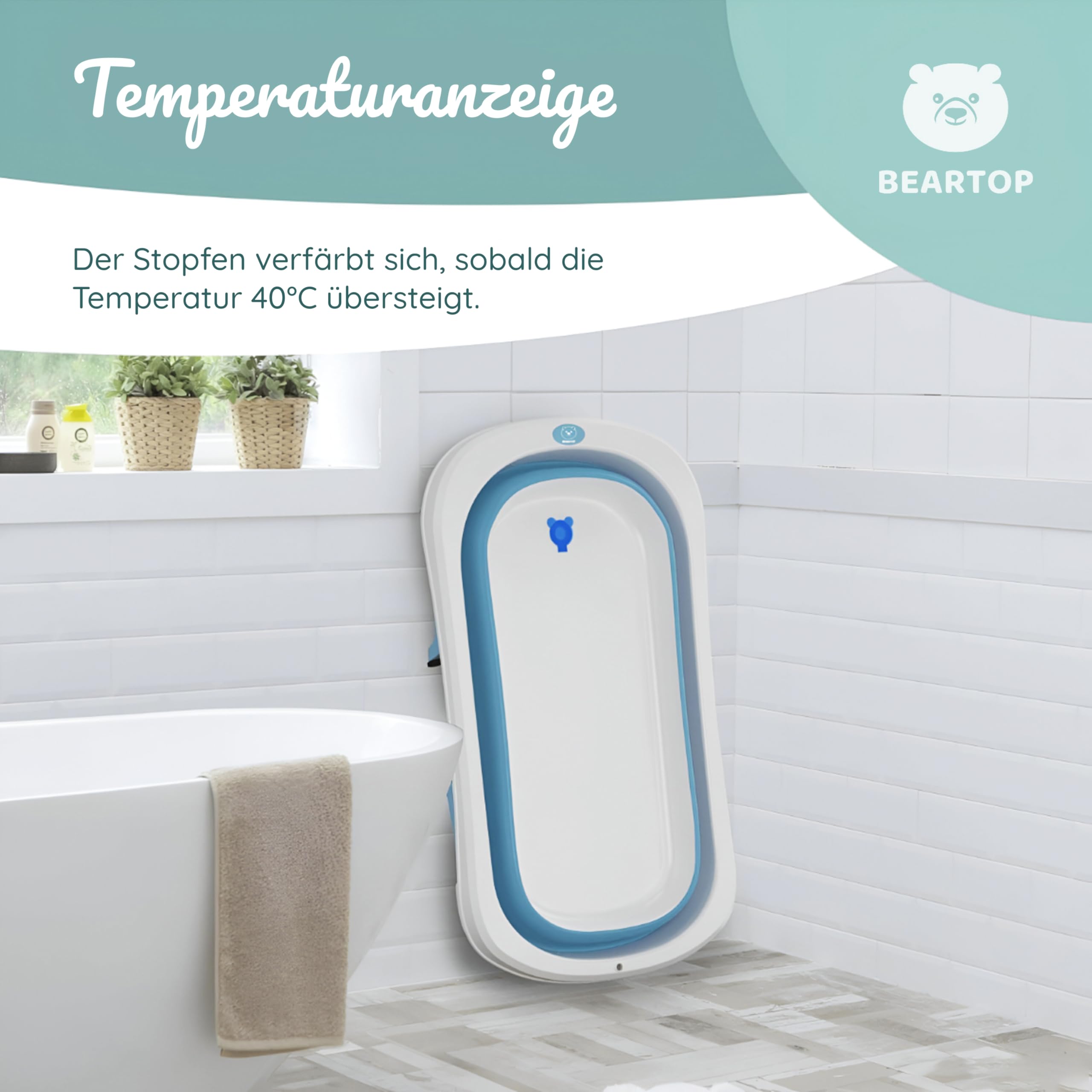 BEARTOP Babywanne Faltbar - Innovatives Design für einfache Aufbewahrung, inkl. Tragetascheneinsatz - Auslaufsicheres PP & TPE Material - 50 L Volumen - Ergonomisch, platzsparend und sicher - Blau