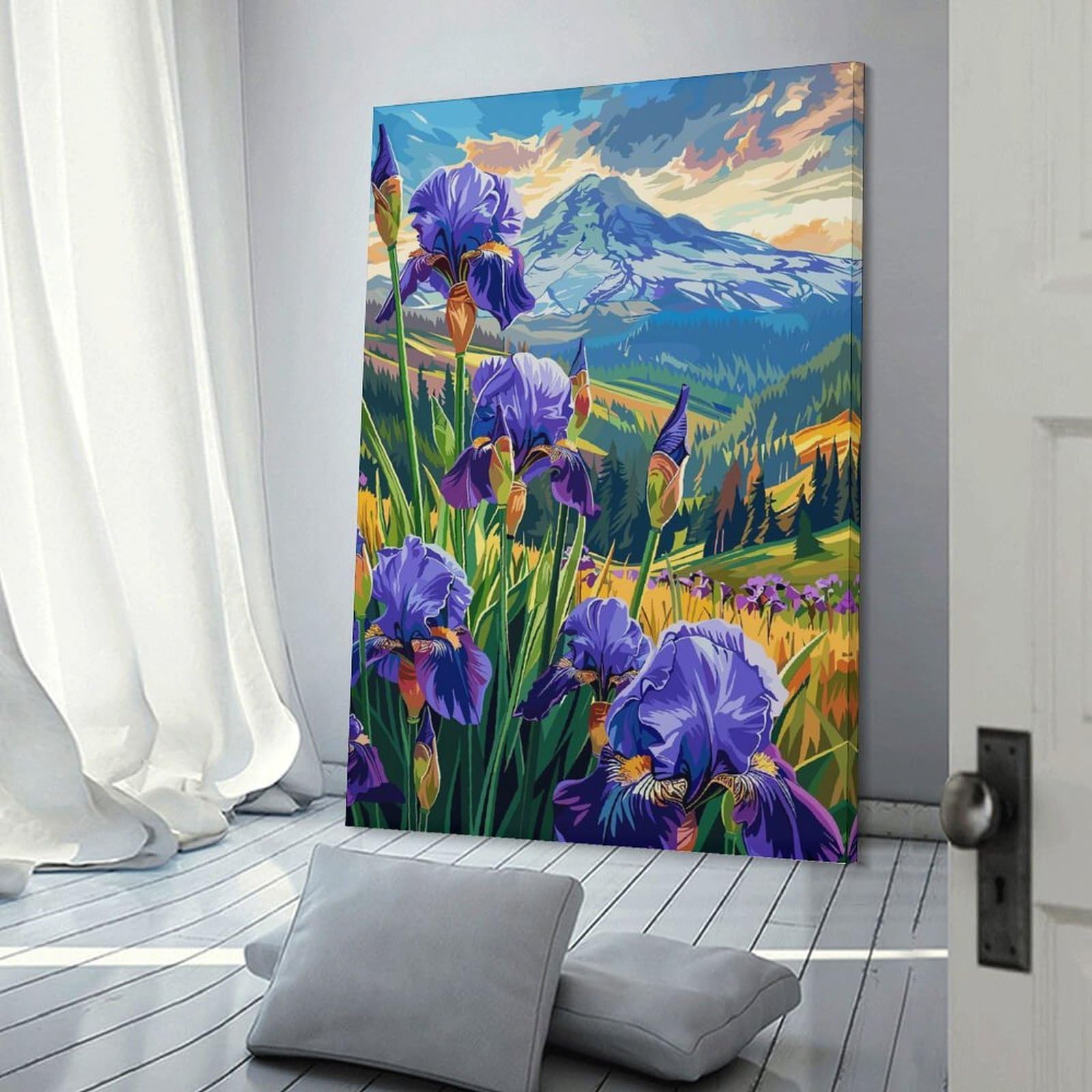 Junmoney Irises And Mountain Peak Decorative Canvas Print, 24x36inch(60x90cm), for Home, Office, Studio Or Guest Room, Canvas Wall Art That Fits Changing Layouts