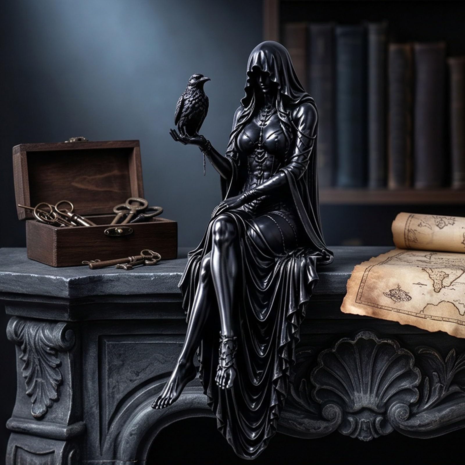 Gothic Resin Raven Reaper Statue Bookshelf Edge Decor Book Lover Gift