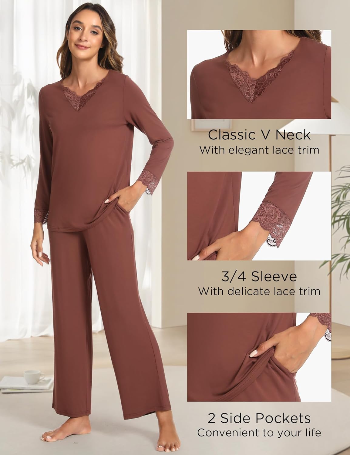 GYS Women's Pajama Sets Viscose from Bamboo Lace Trim Long Sleeve Sleepwear Soft Pjs Lounge Sets with Pockets - Image 5